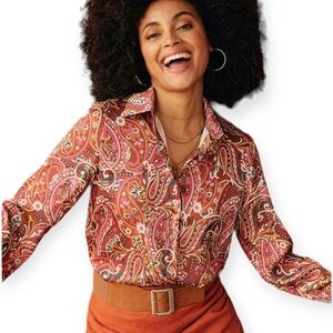 Chaps Womens No Iron Blouse with Paisley Print blue/pink/green size Med